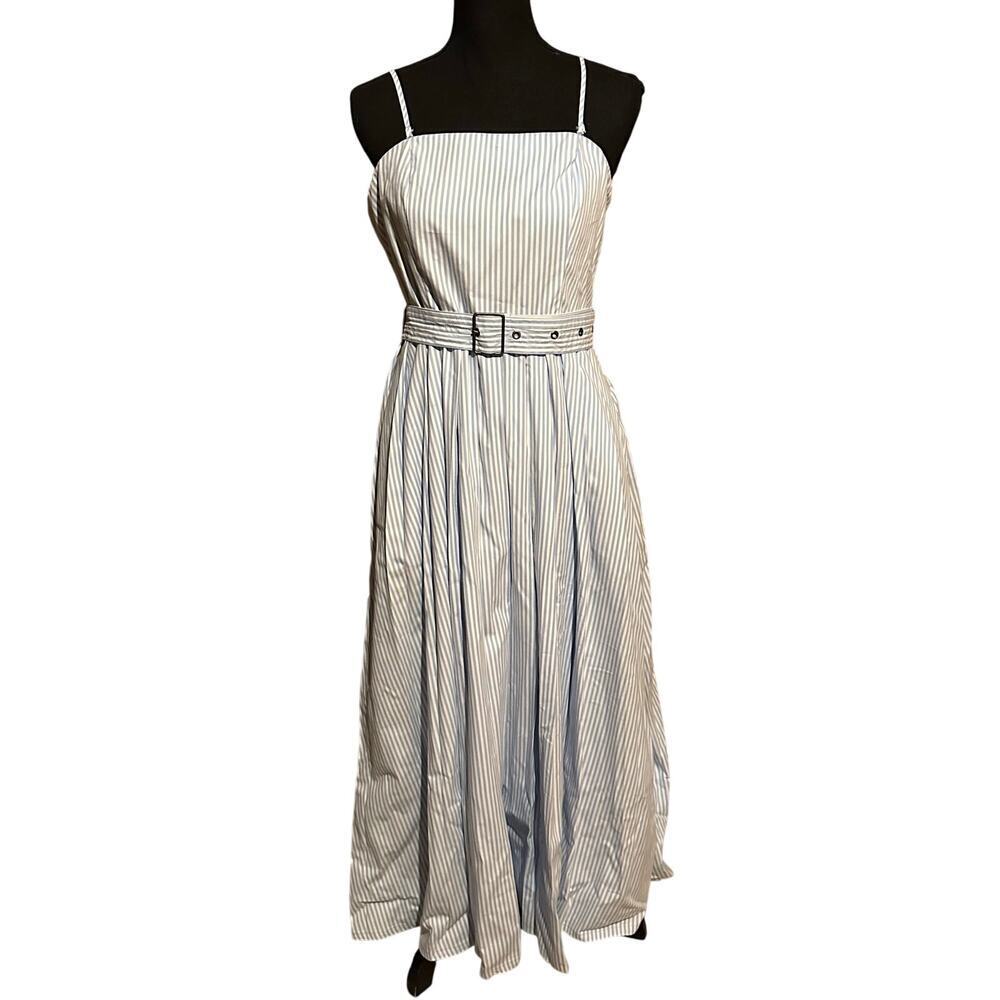 A New Day White Light Blue Pinstripe Long Belted Maxi Dress Women's 10